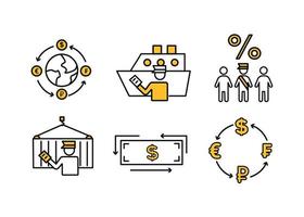 Finance icons. Financial services icons set. Icons customs broker, currency exchange. A silhouette of a man in the form of a customs broker with a document in hand near a cargo container on a hook vector