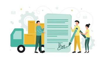 Finance. Forfaiting. A man holds a document near a car with a load, a man and a woman with pens sign it. Vector illustration