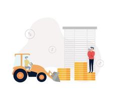 Asset Management. Illustration a man-driven tractor with a bucket carries coins, a man standing nearby with a bullhorn in his hand on a stack of coins, against the background of dollar signs vector