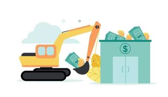 Vector illustration of an excavator takes a bucket of dollar bills and coins from the bank, on a background of leaves, clouds