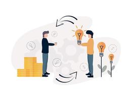 Venture capital. A man holds a light bulb in his hands, followed by flowers, instead of buds of which there are light bulbs, in front of him a man stands with money in his hands, near stacks of coins vector