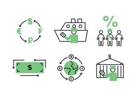 Finance icons. Financial services icons set. Icons customs broker, currency exchange. A silhouette of a man in the form of a customs broker with a document in hand near a cargo container on a hook vector