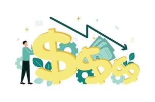 Finance. Vector illustration of inflation. A man holds falling dollar signs, over which an arrow pointing down, on the background of gears, banknotes, leaves, numbers