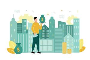 Finance. Vector illustration of financial management. A man with documents and a tray in his hands, on which a money bag, against the background of office buildings, stacks of coins, gears