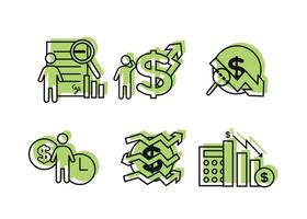 Finance icons set. Vector illustration of financial management, econometrics. A dollar sign, next to which is the silhouette of a man, followed by an up arrow.