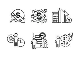 Finance icons set. Vector illustration of financial management, econometrics. A dollar sign, next to which is the silhouette of a man, followed by an up arrow.