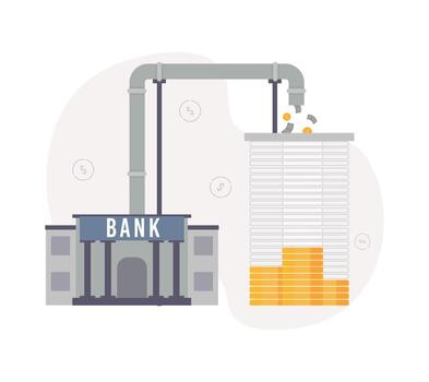 Lending to state infrastructure projects. Illustration of a bank, piping notes and coins flowing in, pouring into a building from stacks of coins, against a dollar sign vector