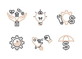 Financial services icons set. Icons insurance, venture capital, asset management. Icons gear with a mechanical key and a dollar sign, palm with a lock, a house, a heart, a tablet and a coin vector