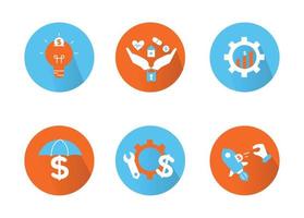 Financial services icons set. Icons insurance, venture capital, asset management. Icons gear with a mechanical key and a dollar sign, palm with a lock, a house, a heart, a tablet and a coin vector