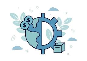 Finance. Vector illustration of forfaiting. Icons of the planet and gears in half, on the sides of the dollar coins and box, against the background of a plant, clouds, stars, dollar signs