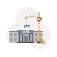 Lending to state infrastructure projects. Illustration of a construction crane carries banknotes from a bank, next to which are money bags, against the background of dollar signs vector