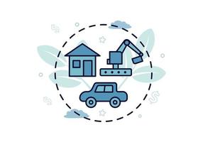 Finance. Vector illustration of leasing. In a circle from a dotted line, a house, a car, an excavator, against a background of leaves, dollar signs, stars, clouds