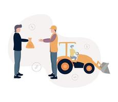 Lending to state infrastructure projects. Illustration of a man giving a money bag to a man in the form of a builder, behind them a bulldozer with a driver, dollar signs on the background vector