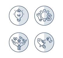 Financial services icons set. Icons insurance, venture capital, asset management. Icons light bulb with a coin, gear with a mechanical key and a dollar sign, palm with a lock, a house vector