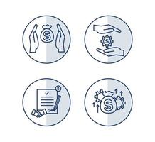 Financial services icons set. Icons venture capital, asset management, wealth management. Icons gear with a dollar between the palms, a handshake, a pencil, a coin on a document vector
