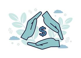 Finance. Financial services. Financial intermediaries. Illustration of three hands folded by a triangle, inside of which is a dollar, on the background of a branch with leaves, stars, clouds. vector