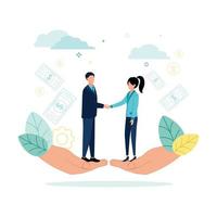 Finance. Vector illustration of financial intermediaries. A man and a woman stand on their palms and shake hands, against the background of banknotes, dollar coins, clouds, gear, leaves