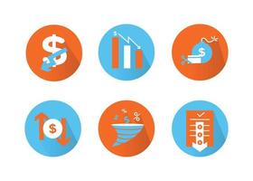 Finance icons set. Vector illustration of devaluation, default. The dollar icon on which the down arrow. Dollar icon in a round frame, on the sides of which there are up and down arrows.