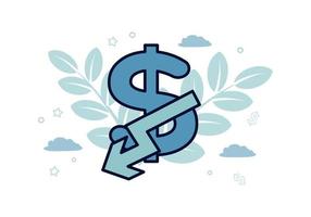 Finance. Vector illustration of devaluation. Dollar icon, arrow pointing down on it, against a background of plants, leaves, clouds, stars