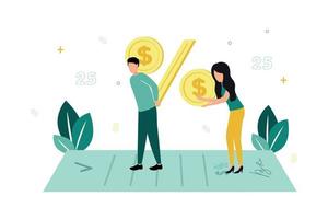 Finance. Vector illustration of default. People stand on a document, a man holds a percent sign with dollar coins, a woman helps him, against a background of leaves, numbers