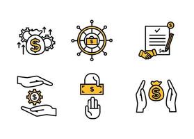 Financial services icons set. Icons asset management, wealth management, insurance, venture capital. Icons gear with a dollar between the palms, a steering wheel with a briefcase and a dollar vector