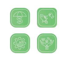 Financial services icons set. Icons insurance, venture capital, asset management. Icons hand throws a coin into a rocket, an umbrella with a pen with a dollar sign, a palm with a lock, a house vector