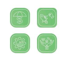 Financial services icons set. Icons insurance, venture capital, asset management. Icons hand throws a coin into a rocket, an umbrella with a pen with a dollar sign, a palm with a lock, a house vector