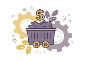 Finance. Financial services. Resource financing. Illustration of a mine trolley with natural resources, above which a dollar sign, on the background of gears, a branch with leaves, a star, a circle vector