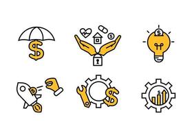 Financial services icons set. Icons insurance, venture capital, asset management. Icons gear with a mechanical key and a dollar sign, palm with a lock, a house, a heart, a tablet and a coin vector