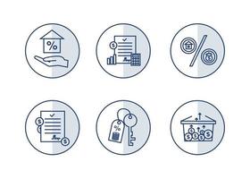 Finance icons. Financial services icons set. Mortgage, financial exchange icons. In the palm of your hand is a house with a percentage, a key with a keychain, on which coins and a percentage vector