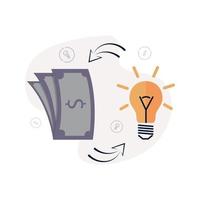 Venture capital. Illustration of a dollar bill and a light bulb, between them the arrows of turnover, on the background of icons with bulbs vector