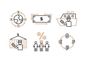 Finance icons. Financial services icons set. Icons customs broker, currency exchange. A silhouette of a man in the form of a customs broker with a document in hand near a cargo container on a hook vector