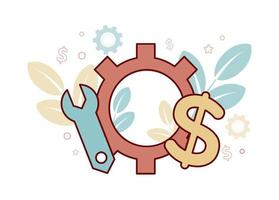 Financial services. Asset Management. Illustration of a gear, on one side a mechanical key, on the other a dollar sign, on the background of a branch with leaves, stars vector