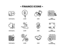 Finance. Vector illustration set of icons debt, debt restructuring, bankruptcy, credit.