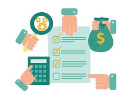 Finance. Vector illustration of audit. On the plane of the hand, next to each of them is a document with marks, a calculator, a magnifying glass with gears, a money bag