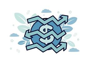 Finance. Vector illustration of econometrics. Dollar icon on which broken arrows in different directions, against a background of plants, leaves, clouds, stars