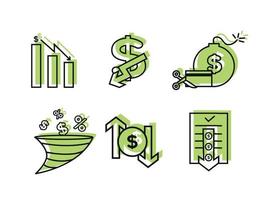 Finance icons set. Vector illustration of devaluation, default. The dollar icon on which the down arrow. Dollar icon in a round frame, on the sides of which there are up and down arrows.