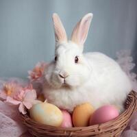 White Easter Bunny in the basket with eggs photo