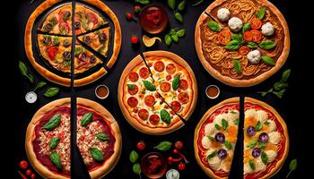 top view Italian food dishes and pizza on dark background, photo