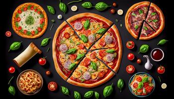 top view Italian food dishes and pizza on dark background, photo