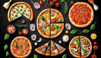 top view Italian food dishes and pizza on dark background, photo