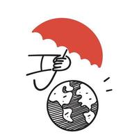 hand drawn doodle person protect earth globe with umbrella illustration vector