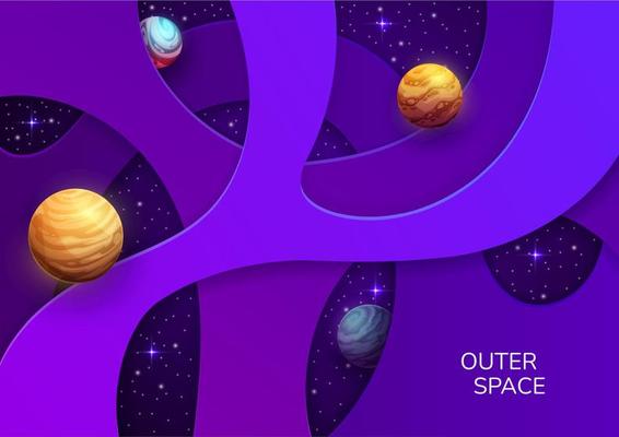 Space paper cut. Cartoon galaxy planets and stars