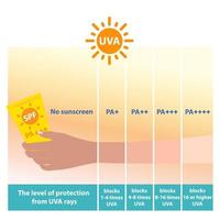 The different levels protection grade of UVA sunscreen vector on white background. Comparison of arm skin tone with the level of PA blocks UVA rays. Skin care and beauty concept illustration.