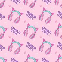 Headphones with cat ears for gamer girl on pink background. Vector seamless pattern in kawaii style