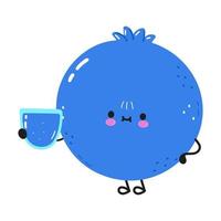 Blueberry with glass of juice. Vector hand drawn cartoon kawaii character illustration icon. Isolated on white background. Blueberry character with glass of juice concept