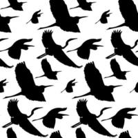 A pattern with flying black silhouettes of birds. The outline of storks in a repeating pattern for printing on textiles and paper. Free print with birds on a white background. Elements for tattoos vector