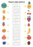 Trace and match words with the correct pictures. Funny fruits and berries. Healthy food. Educational game for preschool kids. Learn English vocabulary. Name matching worksheet. Vector illustration