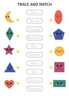 Trace and match words with the correct pictures. Geometric shapes. Educational game for preschool kids. Learn English vocabulary. Name matching worksheet. Printable puzzle. Vector illustration.
