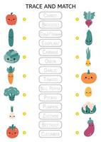 Trace and match words with the correct pictures. Funny vegetables. Healthy food. Educational game for preschool kids. Learn English vocabulary. Name matching worksheet. Vector illustration.